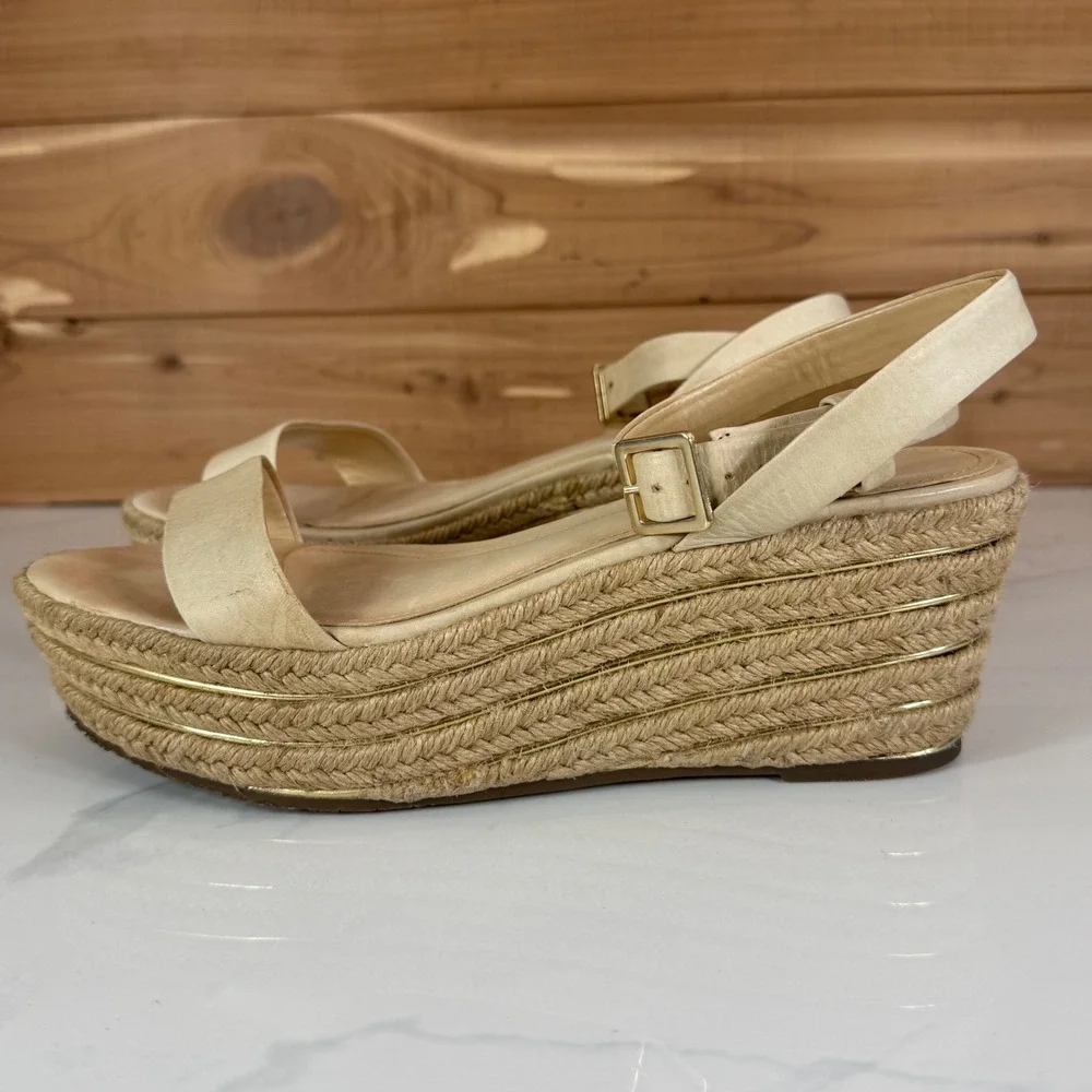 Schutz  Espadrille Wedge Sandals Womens 38/7.5 Gold Trim Cream Leather Summer